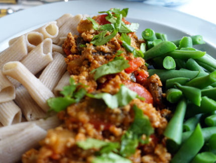 Indian ‘Bolognaise’ with noodles and greens