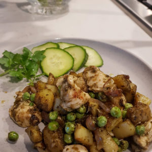 Coriander Chicken Tenderloins with Peas and Potatoes